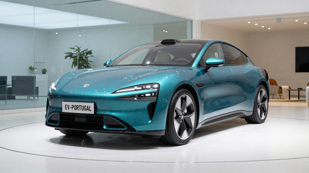 Carro elétrico azul metálico em exposição moderna com design aerodinâmico e faróis de LED finos.