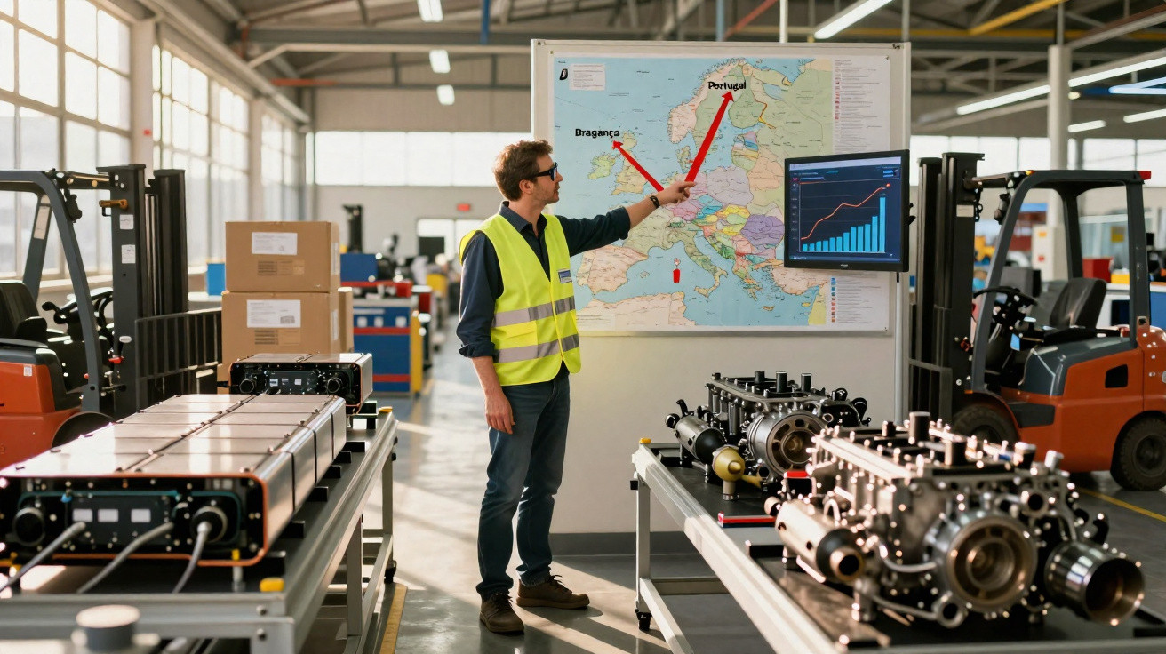Homem com colete refletivo aponta mapa da Europa em fábrica com motores e empilhadeiras ao redor.