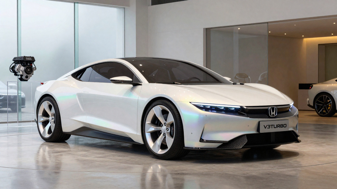 Carro esportivo branco Honda V3 Turbo exibido em ambiente interno moderno, com faróis LED ligados.