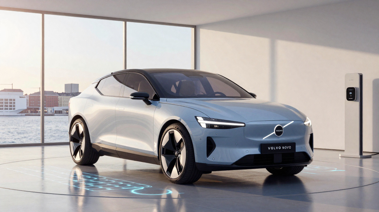 Carro elétrico Volvo azul claro em espaço moderno com parede de vidro e estação de recarga.