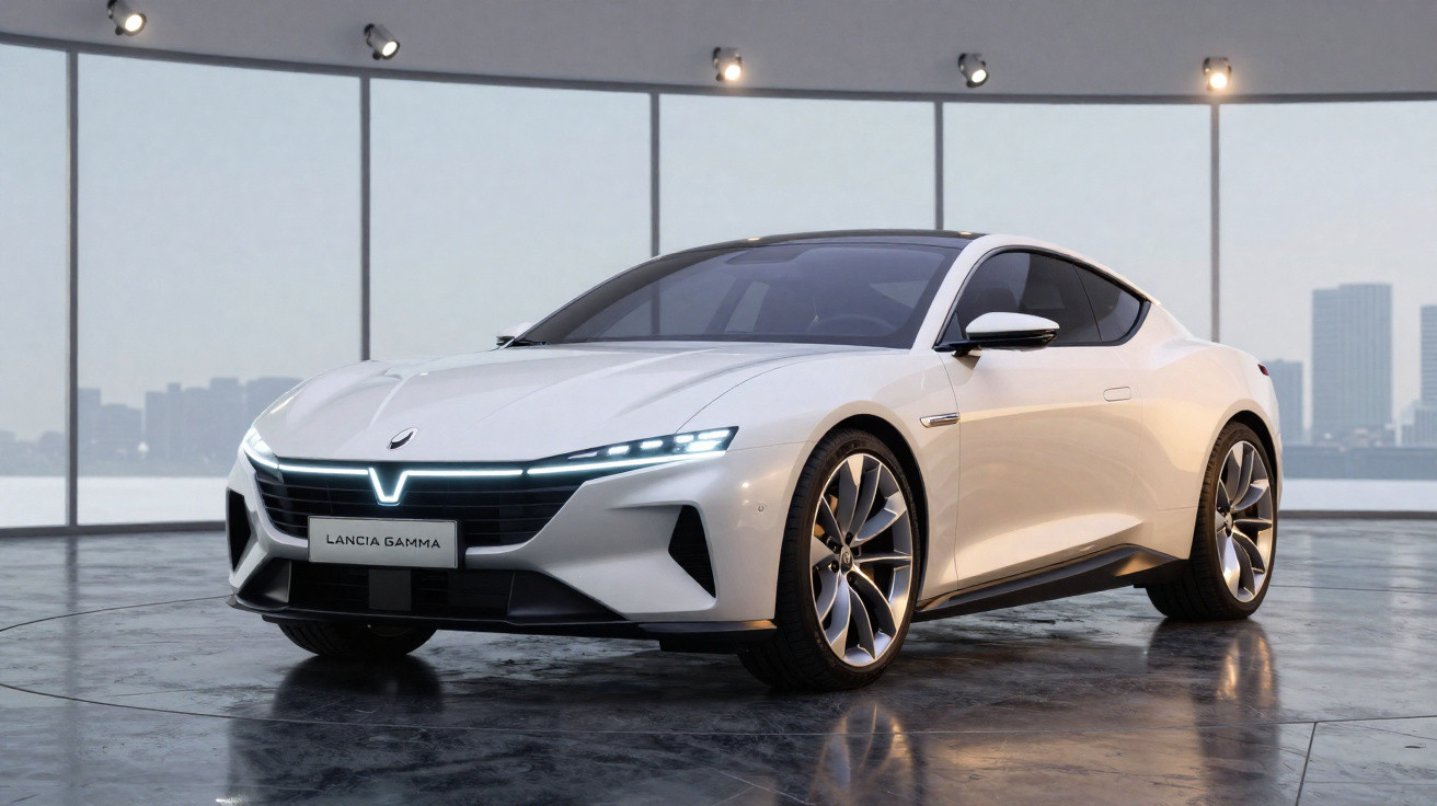 Carro esportivo branco Lancia Gamma estacionado em ambiente interno moderno com janelas grandes.