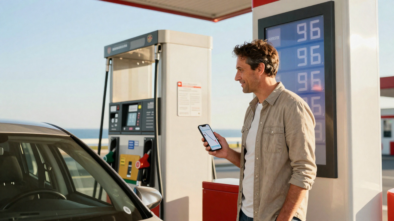 Homem sorridente segurando celular em posto de gasolina ao lado de carro preto e bomba de combustível.