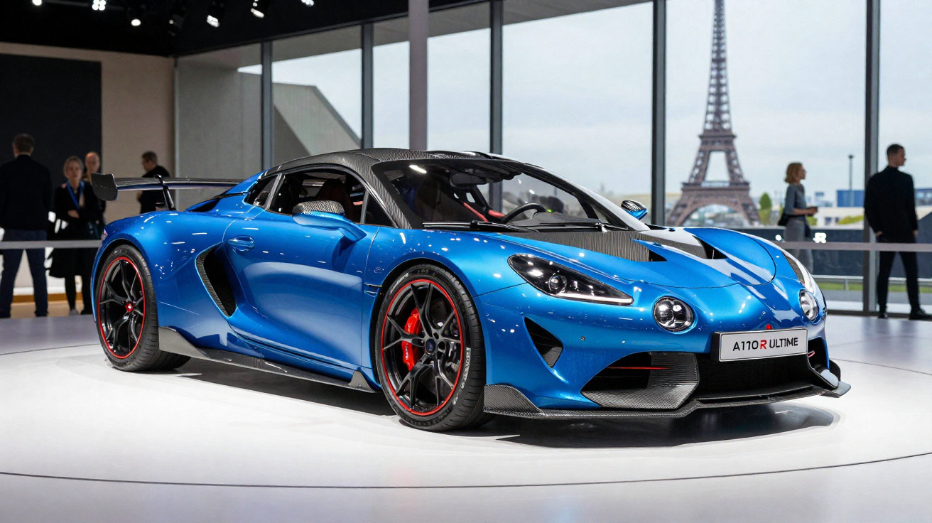 Carro esportivo azul Alpine A110 R Ultimate em exposição com Torre Eiffel ao fundo.