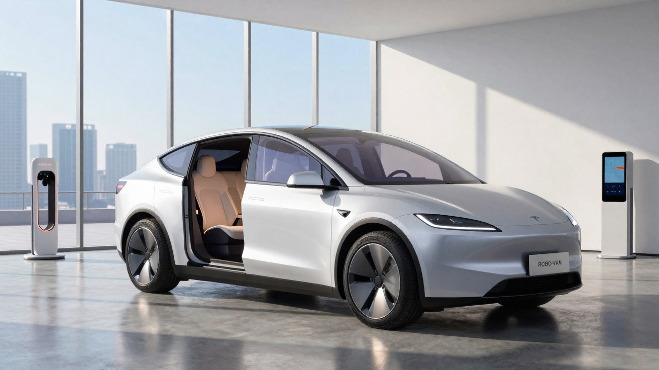 Carro elétrico Tesla Model X branco com porta traseira aberta em ambiente interno moderno e iluminado.
