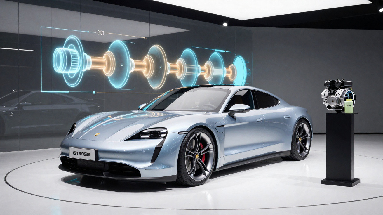 Carro esportivo elétrico prata em exposição com projeção holográfica de motor futurista ao fundo.