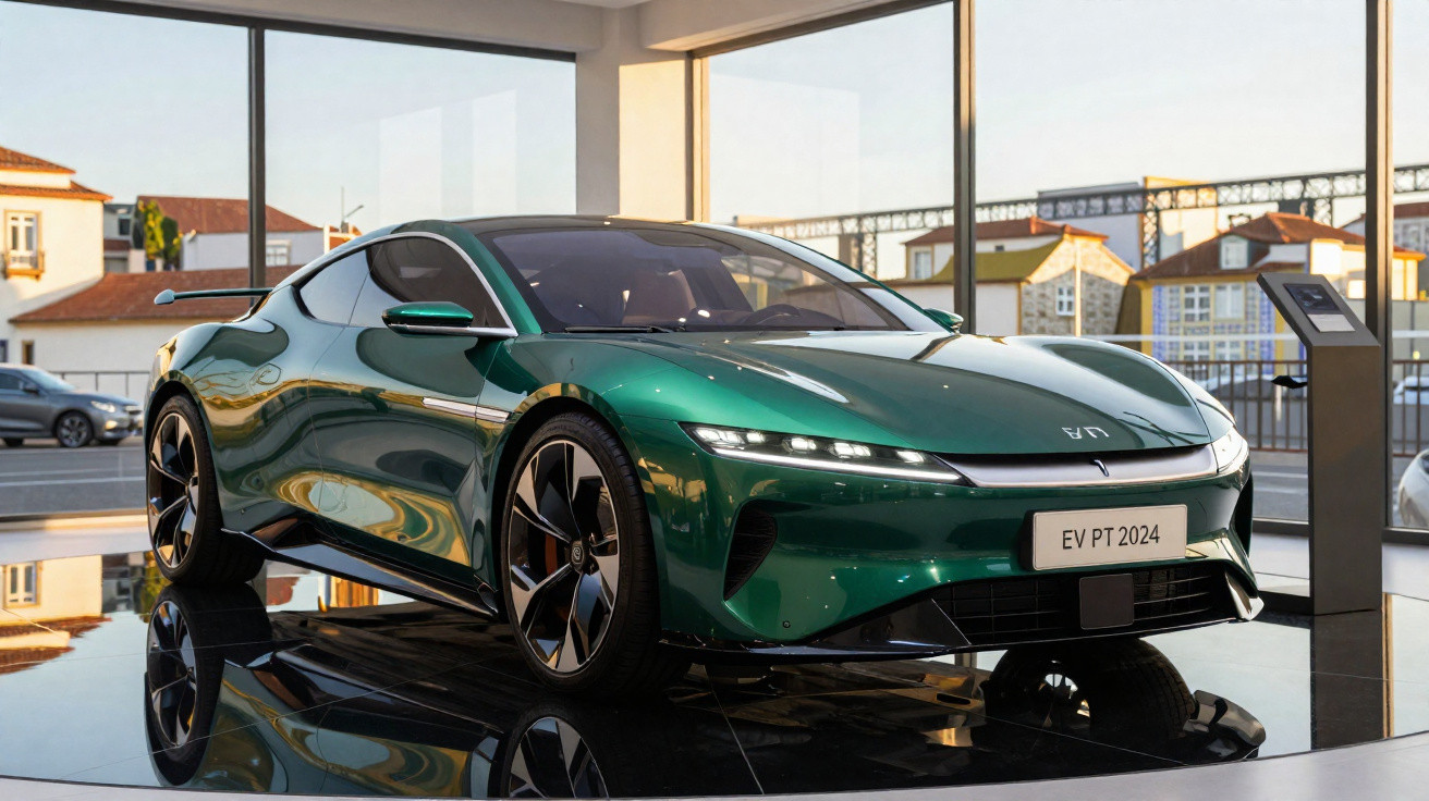 Carro esportivo elétrico verde em exibição dentro de showroom com grandes janelas e reflexo no chão preto.