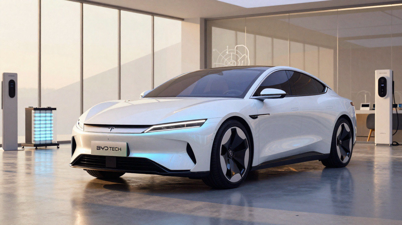 Carro elétrico branco moderno estacionado em garagem com paredes de vidro e estações de recarga.