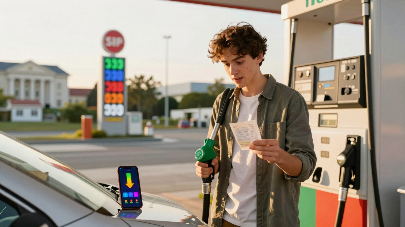 Jovem segura nota fiscal e bomba de combustível ao abastecer carro em posto de gasolina.