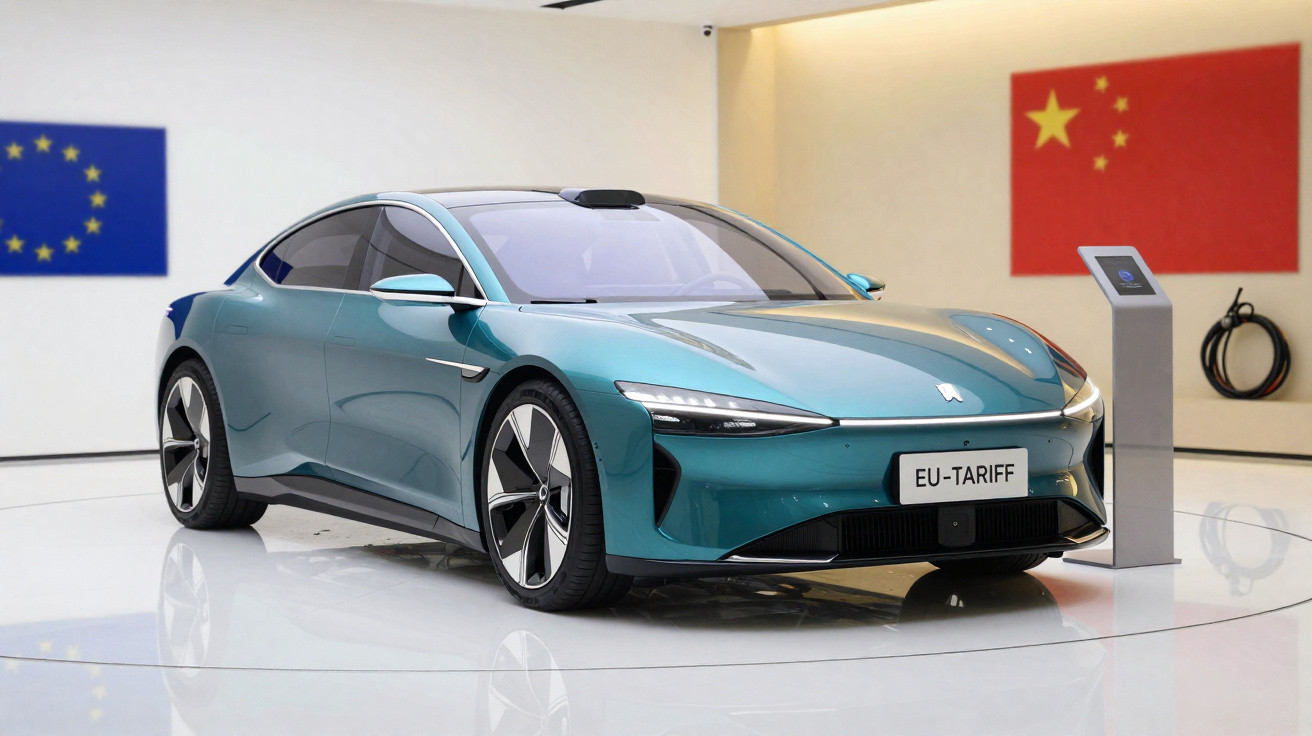 Carro elétrico azul exibido em estande com bandeiras da União Europeia e China ao fundo.