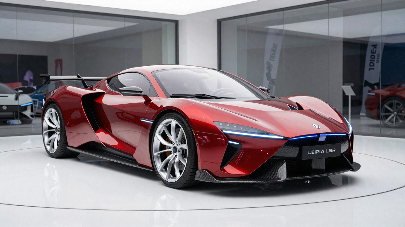 Carro esportivo vermelho Leiria LSR em exposição moderna com rodas prateadas e luzes LED.
