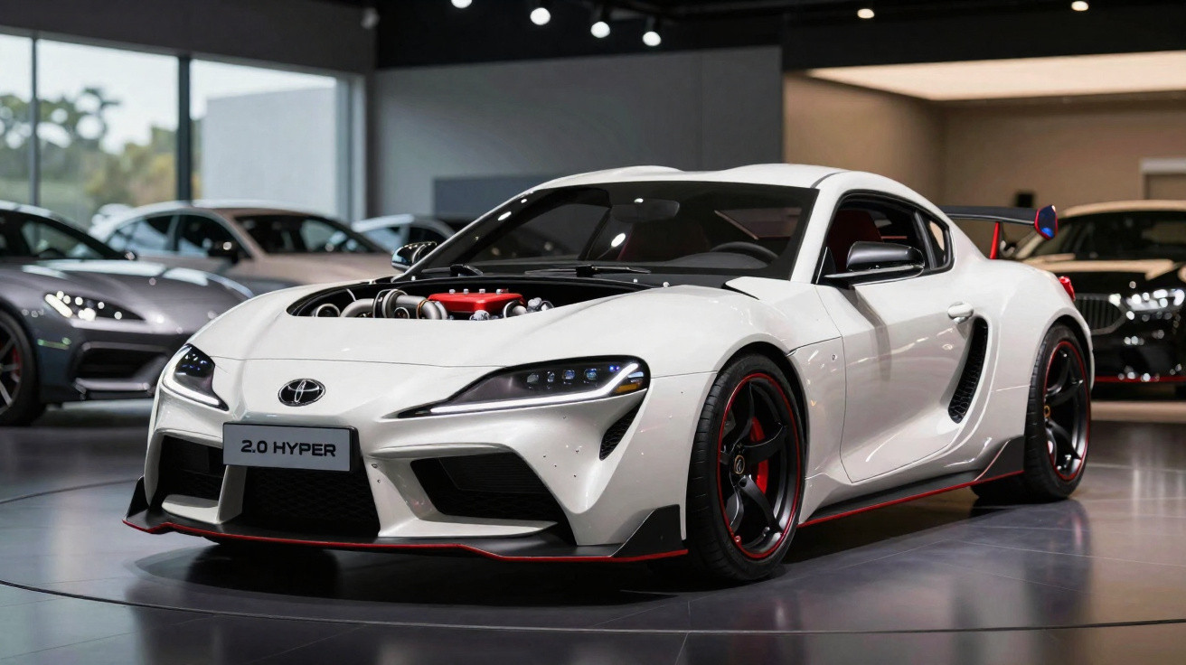 Carro esportivo branco Toyota GR Supra 2.0 Hyper com capô aberto exibindo motor em showroom.