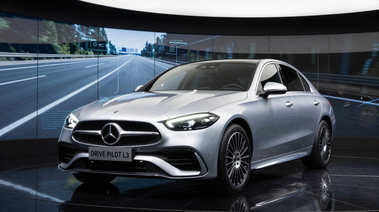 Carro prata Mercedes-Benz Drive Pilot L3 em exposição com fundo digital simulando estrada.