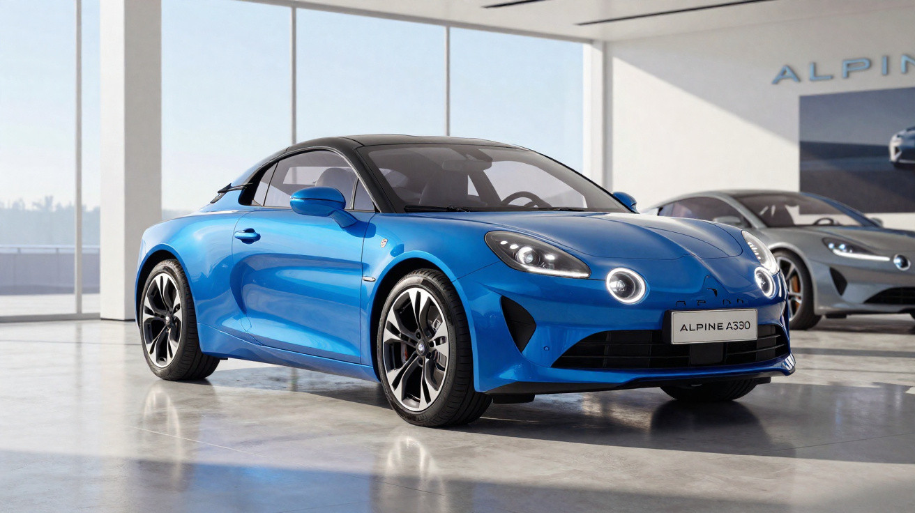 Carro esportivo azul Alpine A330 estacionado em ambiente interno moderno com piso refletivo.