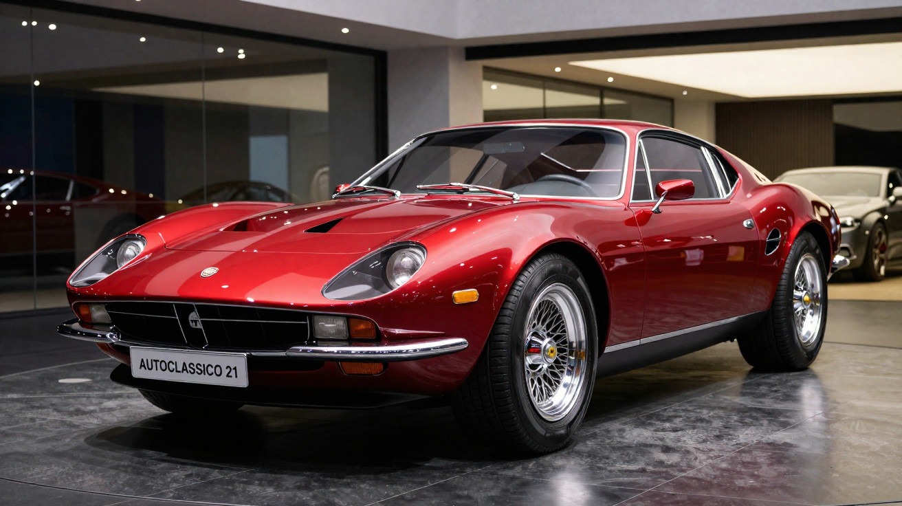 Carro clássico esportivo Ferrari Dino vermelho estacionado em garagem moderna com piso cinza.