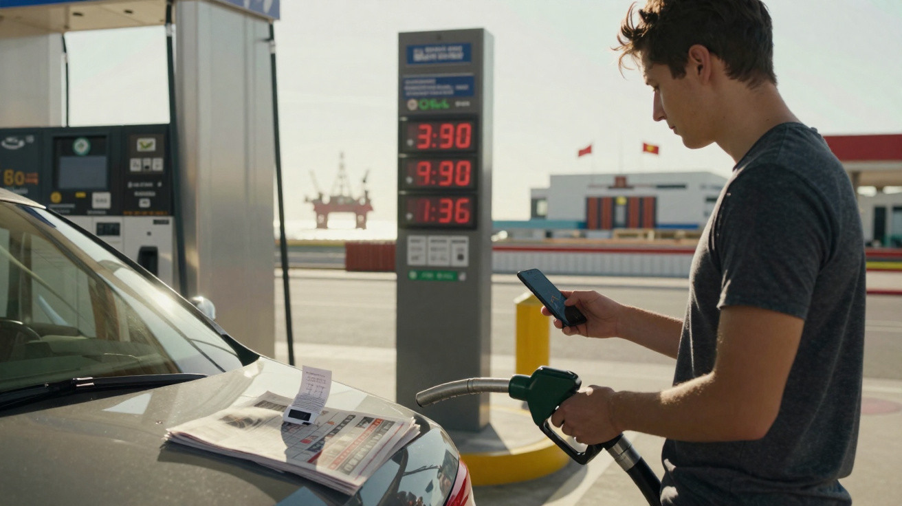 Homem abastecendo carro em posto de gasolina enquanto consulta celular com notas na tampa do carro.