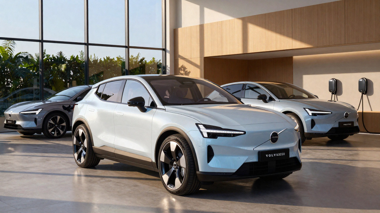 Três carros elétricos prata em showroom moderno com paredes de madeira e estações de carregamento.