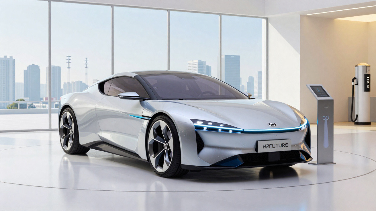 Carro esportivo elétrico prata em showroom futurista com estação de recarga ao lado e cidade ao fundo.