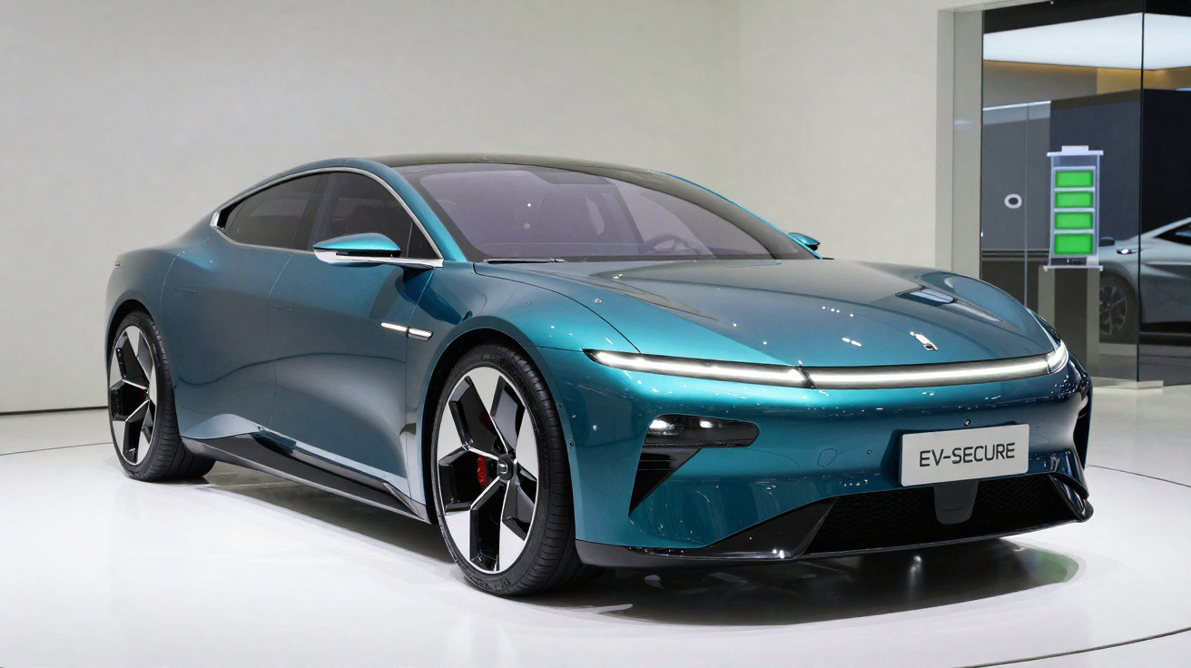 Carro esportivo elétrico azul metálico com design moderno exibido em ambiente interno elegante.