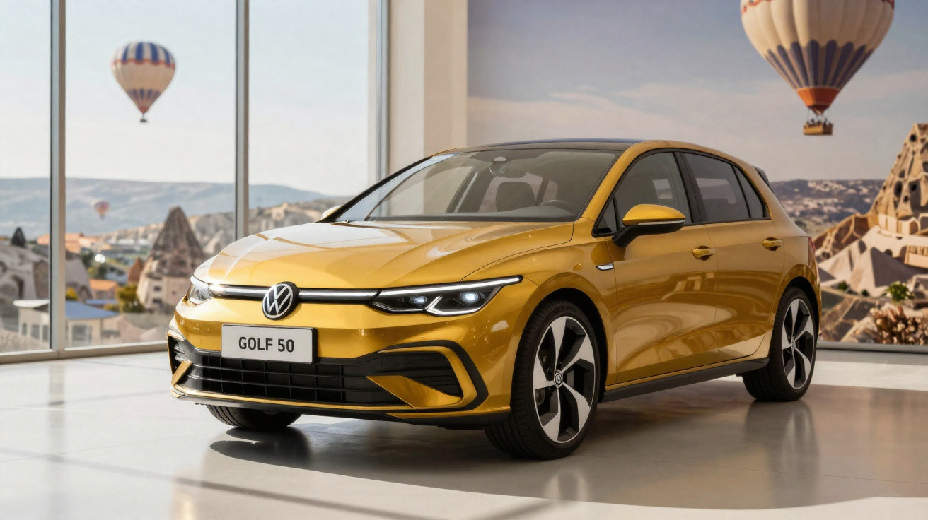 Carro Volkswagen Golf amarelo modelo 2024 exposto em ambiente interno com janelas e balões ao fundo.