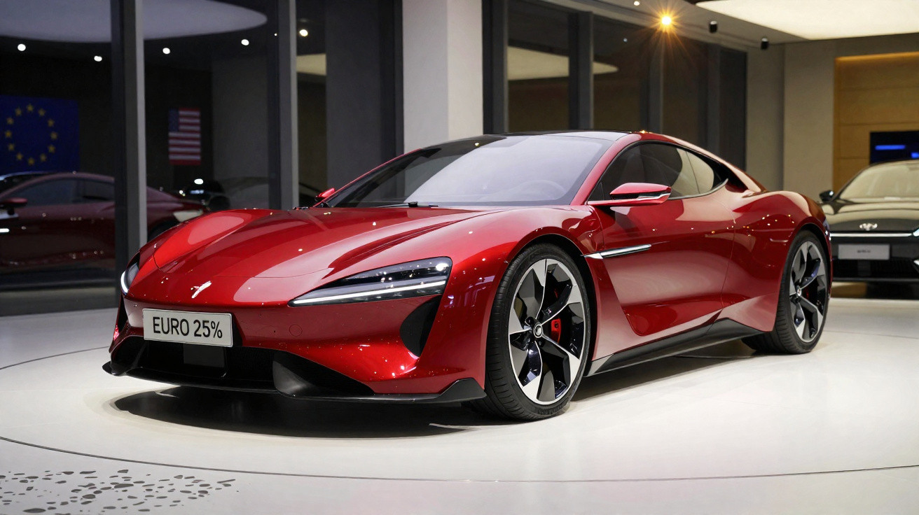 Carro esportivo vermelho elétrico Tesla em exposição interna com design aerodinâmico e rodas modernas.