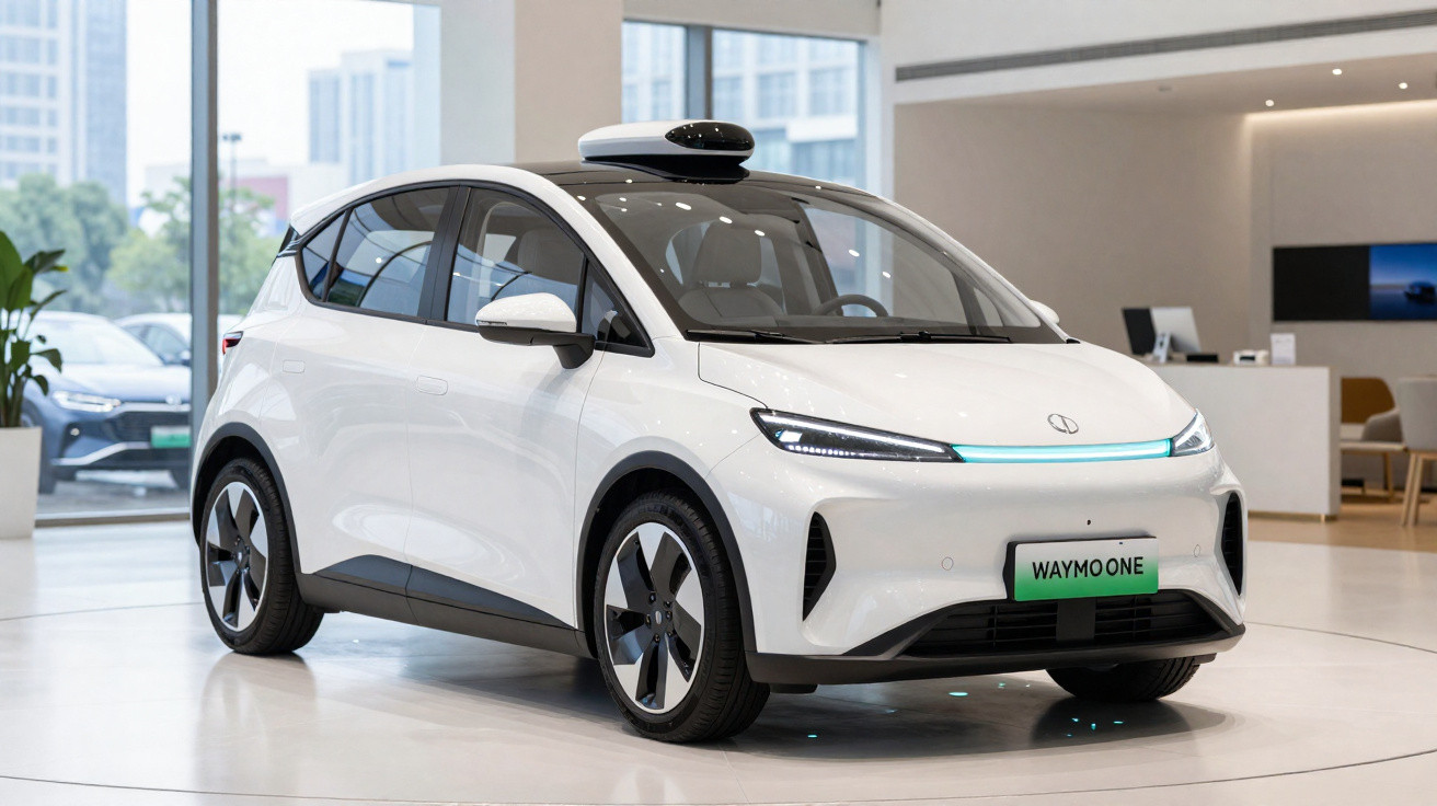 Carro elétrico branco Waymo One em exposição interna com sensores no teto e design moderno.
