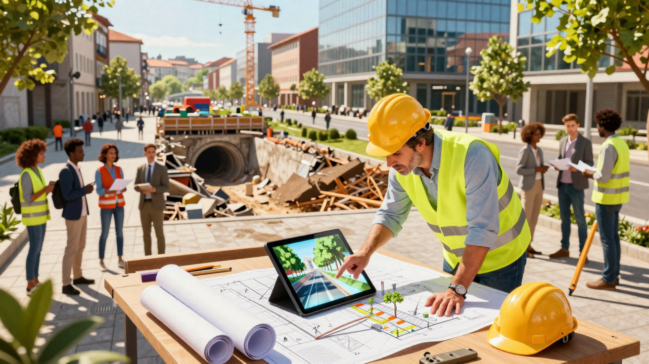Engenheiro com capacete e colete analisa planta e tablet em obra urbana com equipe e máquinas ao fundo.