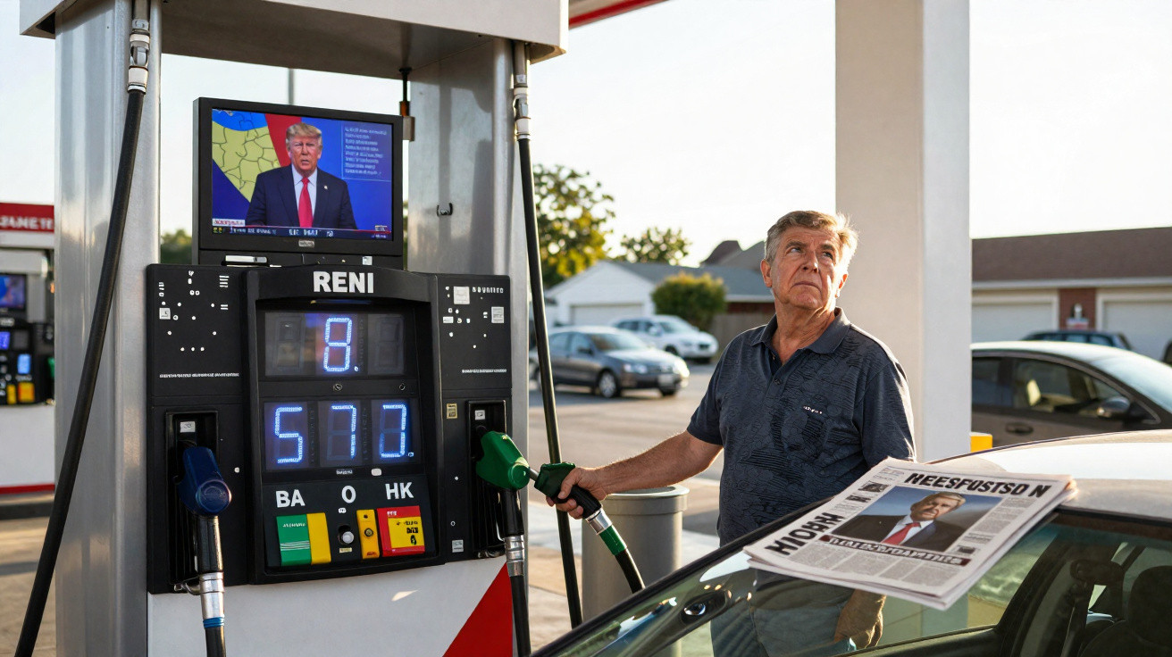 Homem adulto abastece carro em posto de gasolina com notícias de político na TV da bomba de combustível.
