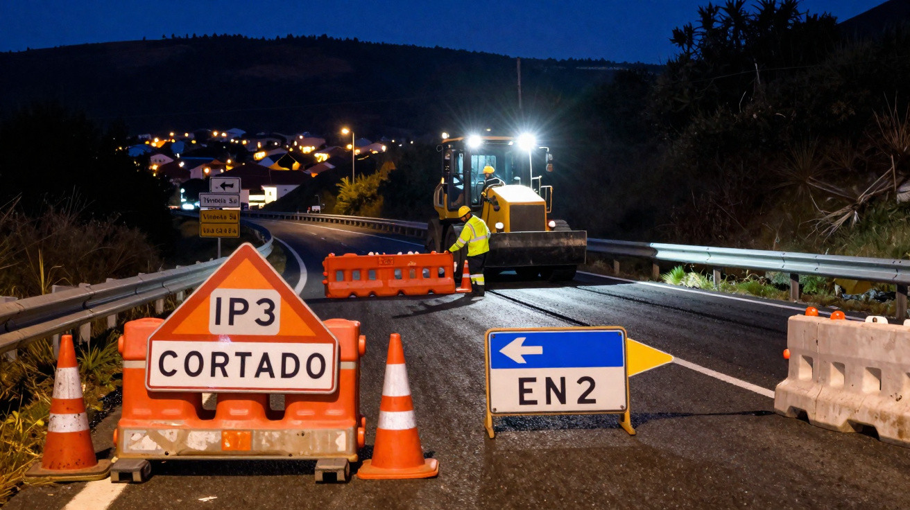 Obra noturna na estrada com sinalização de desvio e equipamentos de construção viária em ação.