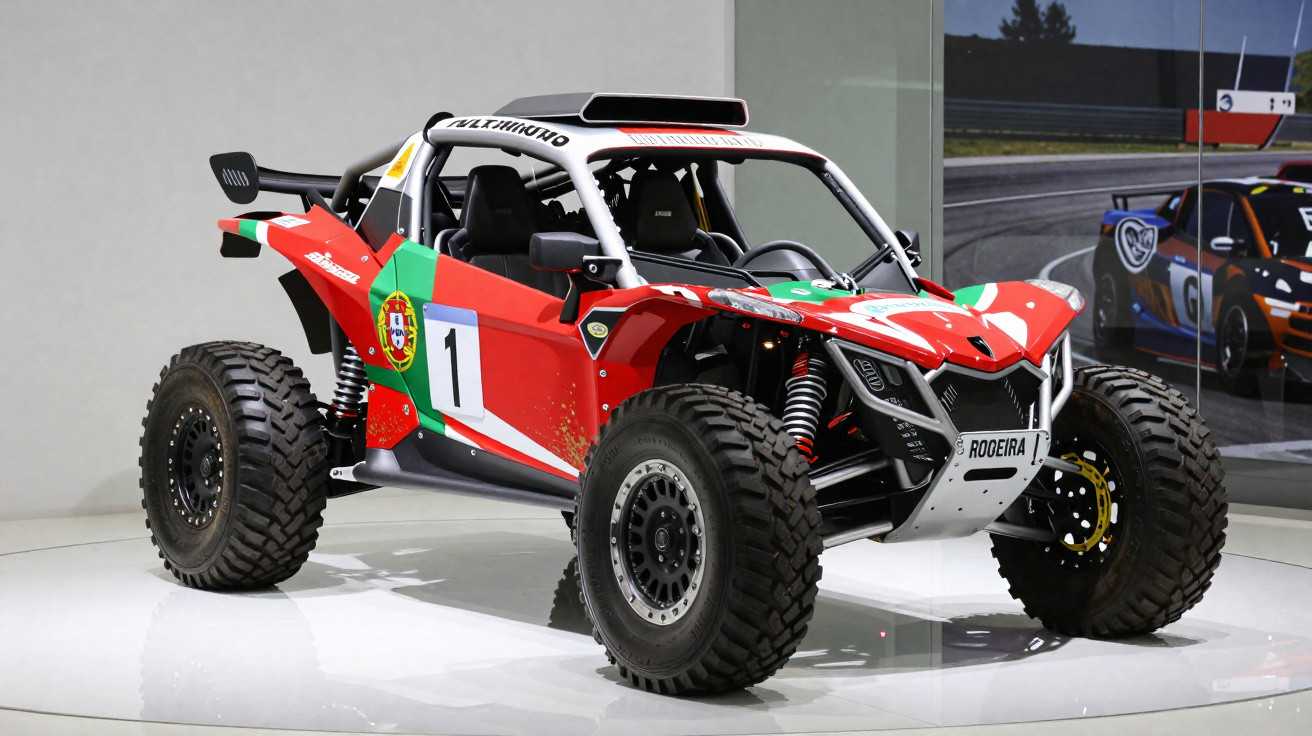 Veículo off-road vermelho com detalhes da bandeira de Portugal exposto em ambiente interno.