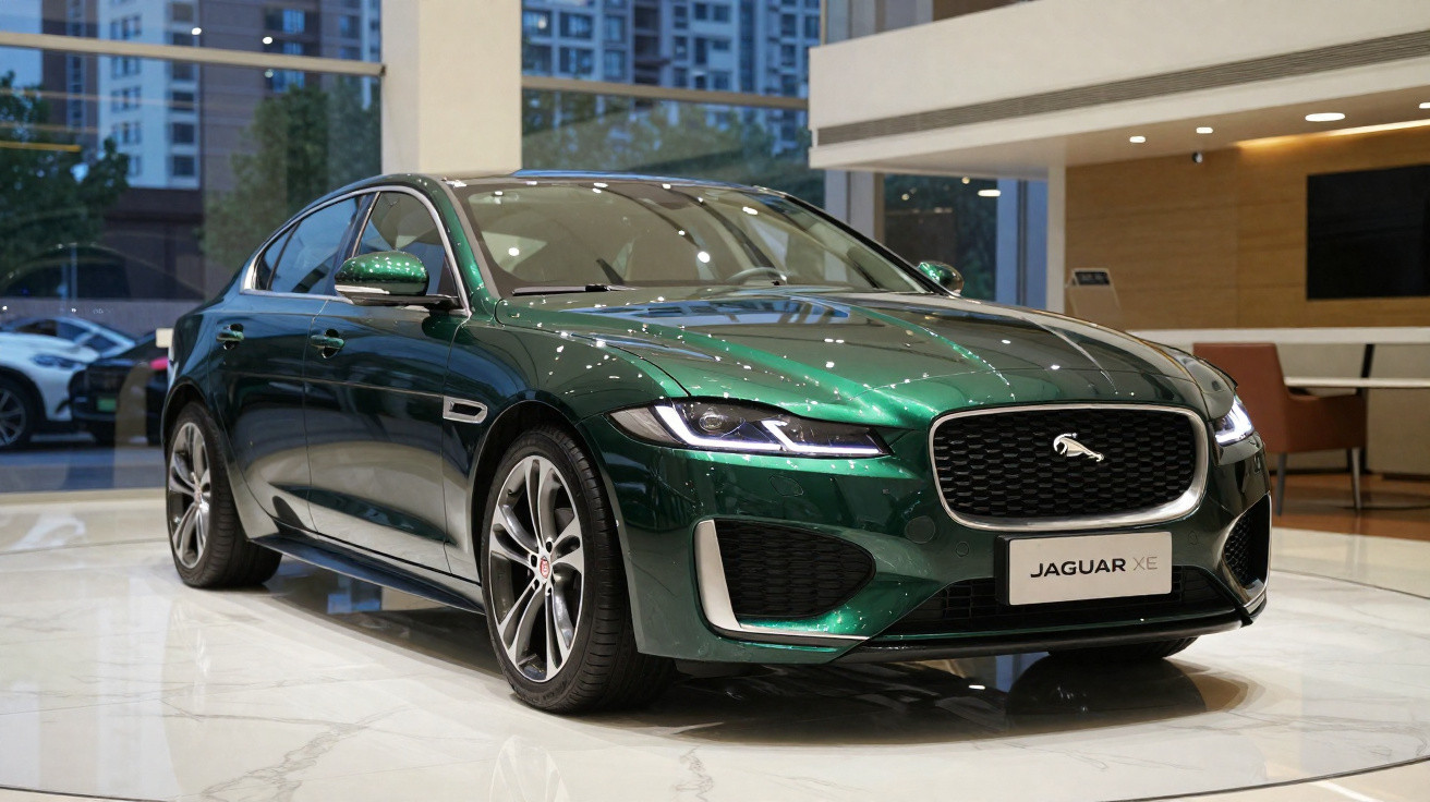 Carro esportivo Jaguar XE verde exibido em showroom com prédio ao fundo.