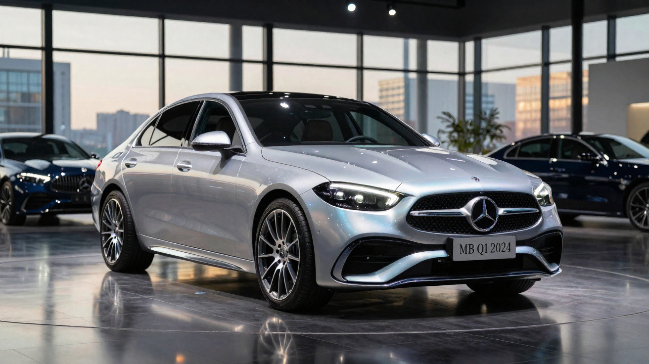 Carro prata Mercedes-Benz modelo 2024 estacionado em showroom com iluminação interna.
