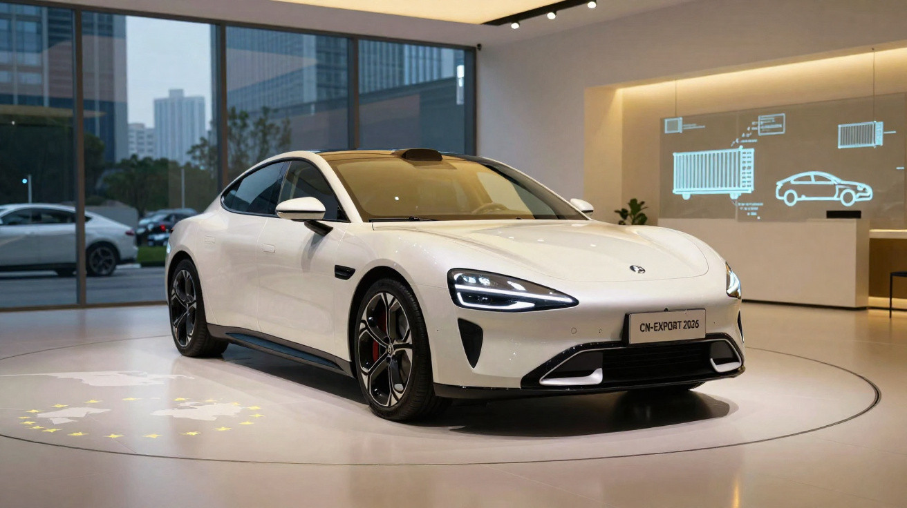 Carro elétrico branco exibido em showroom moderno com grandes janelas e gráficos técnicos na parede.