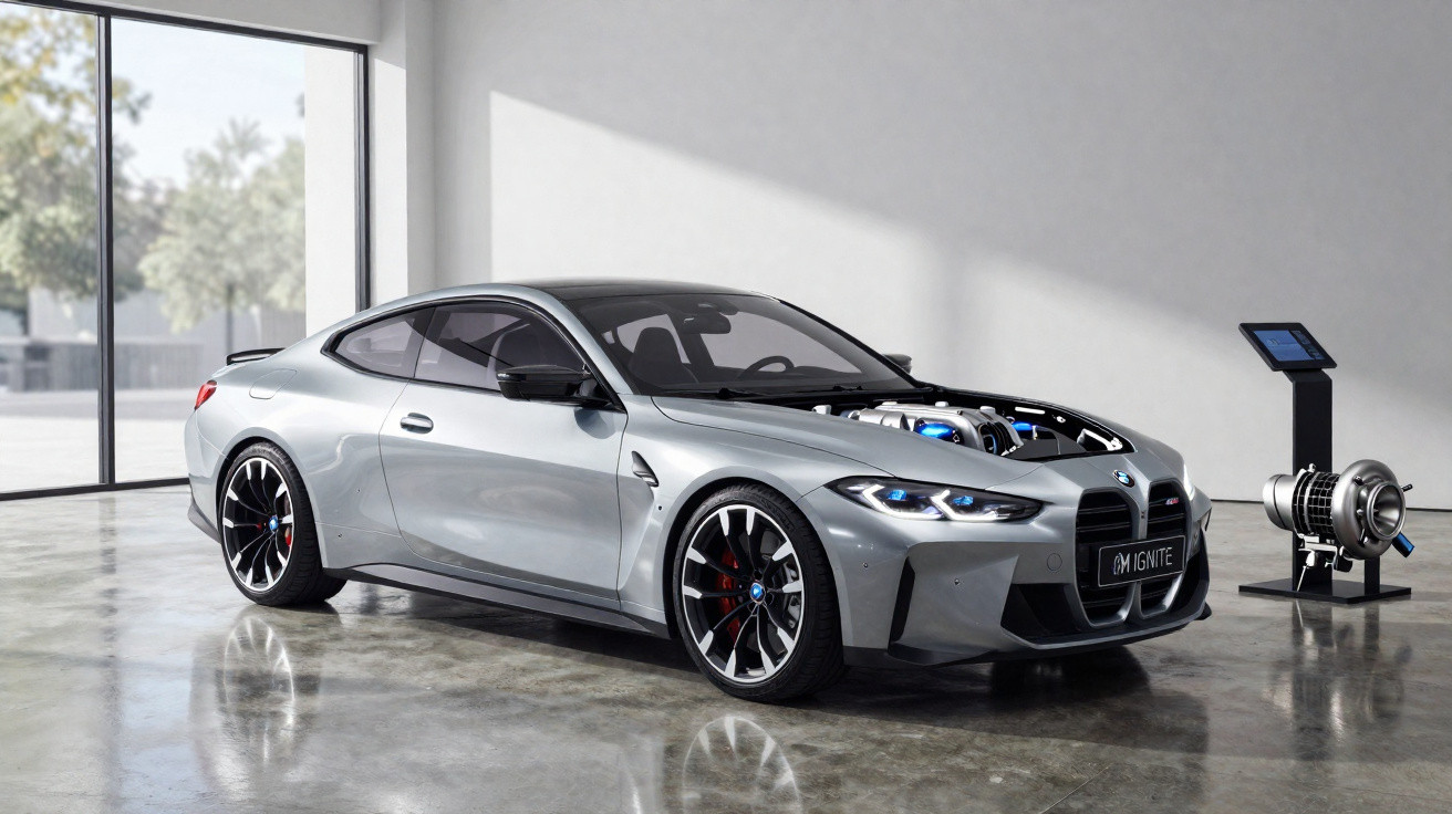 Carro esportivo cinza com capô transparente mostrando motor, em ambiente moderno e iluminado.