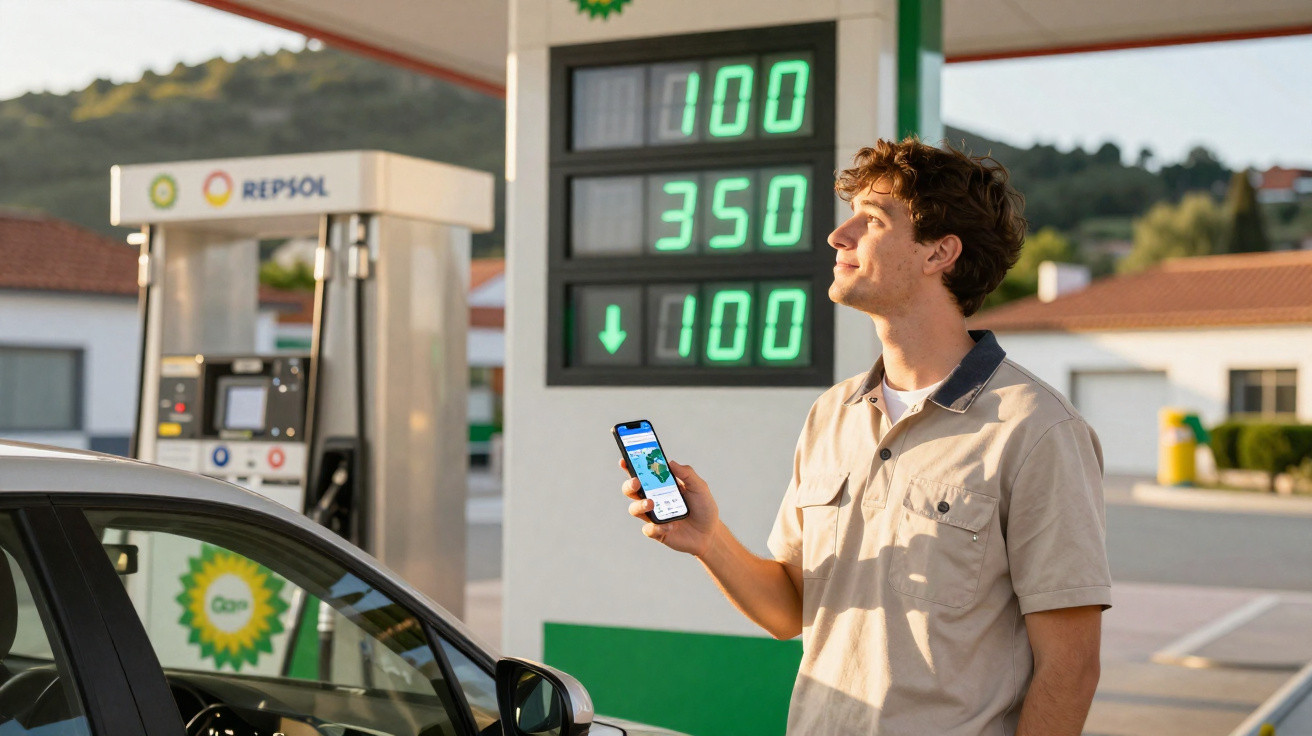 Homem sorrindo com celular na mão em posto de gasolina BP ao lado de carro preto.