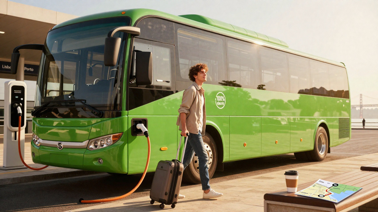 Homem com mala de rodinhas caminha ao lado de ônibus elétrico verde carregando em estação urbana.
