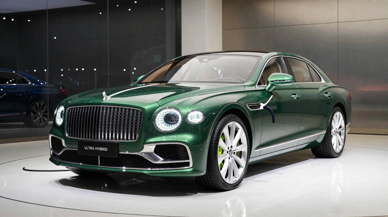 Carro de luxo verde metálico exposto em ambiente interno com iluminação focada e rodas prateadas.