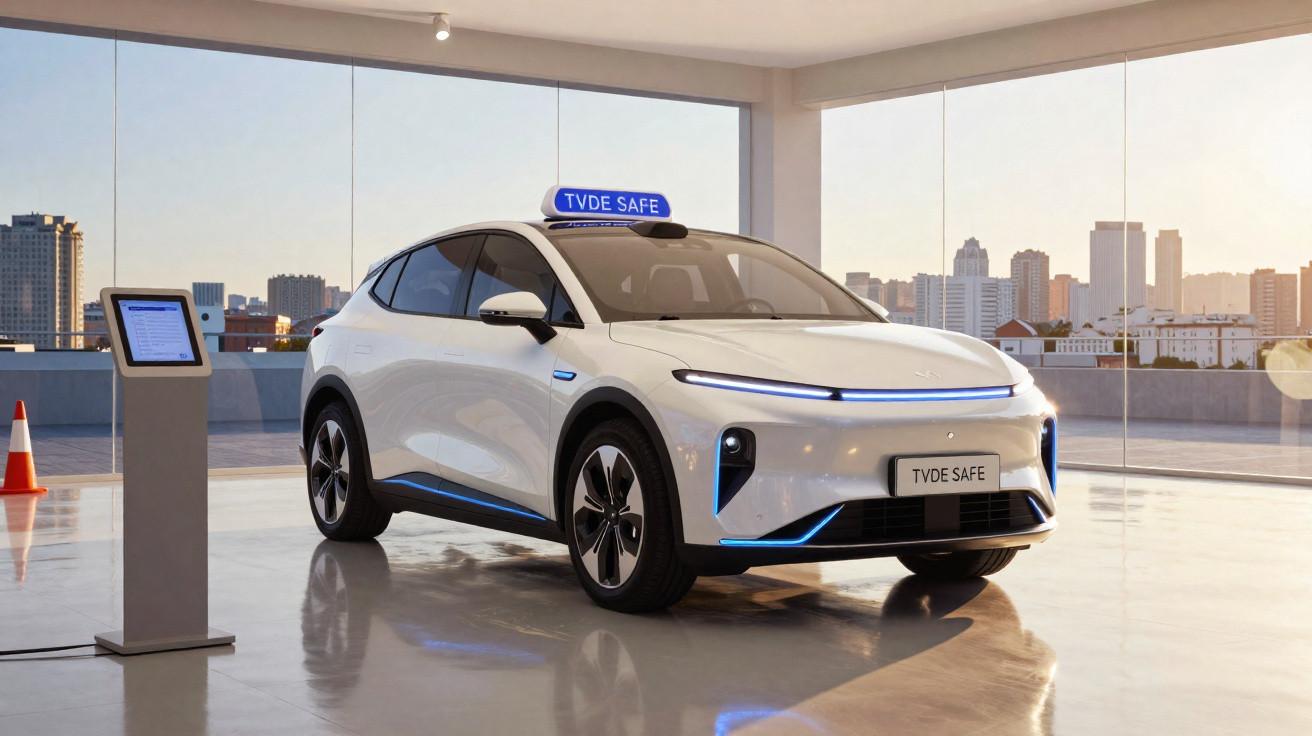 Carro elétrico branco com placa e luz de táxi azul, em showroom moderno com vista para a cidade ao pôr do sol.