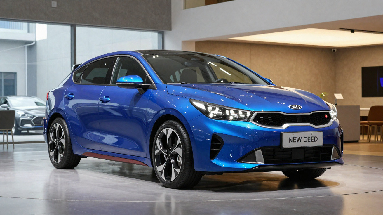 Carro sedan azul Kia New Ceed exibido em showroom moderno com iluminação interna.