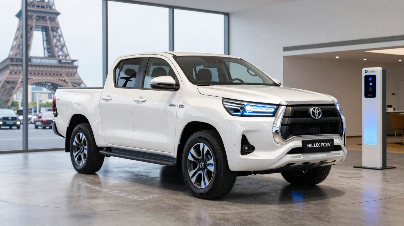 Picape branca Toyota Hilux FCEV estacionada em showroom com Torre Eiffel ao fundo.