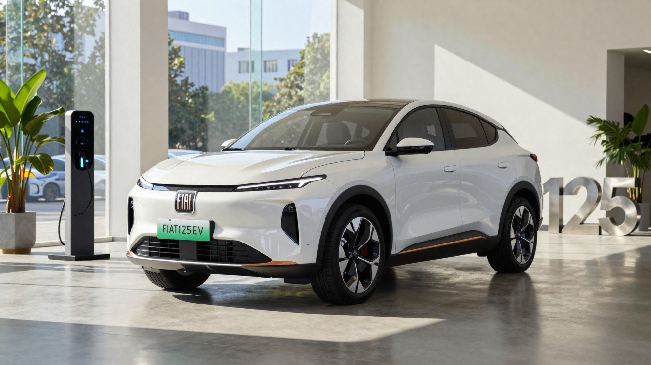 Carro elétrico branco Fiat 125 EV estacionado em ambiente interno com estação de carregamento ao lado.