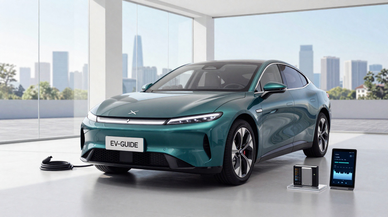 Carro elétrico verde metálico em ambiente moderno com cabos e dispositivos eletrônicos ao lado.