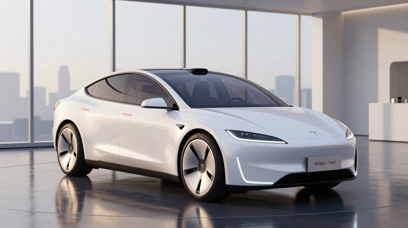 Carro elétrico branco modelo Tesla Robo-Taxi estacionado dentro de prédio moderno com janelas grandes.