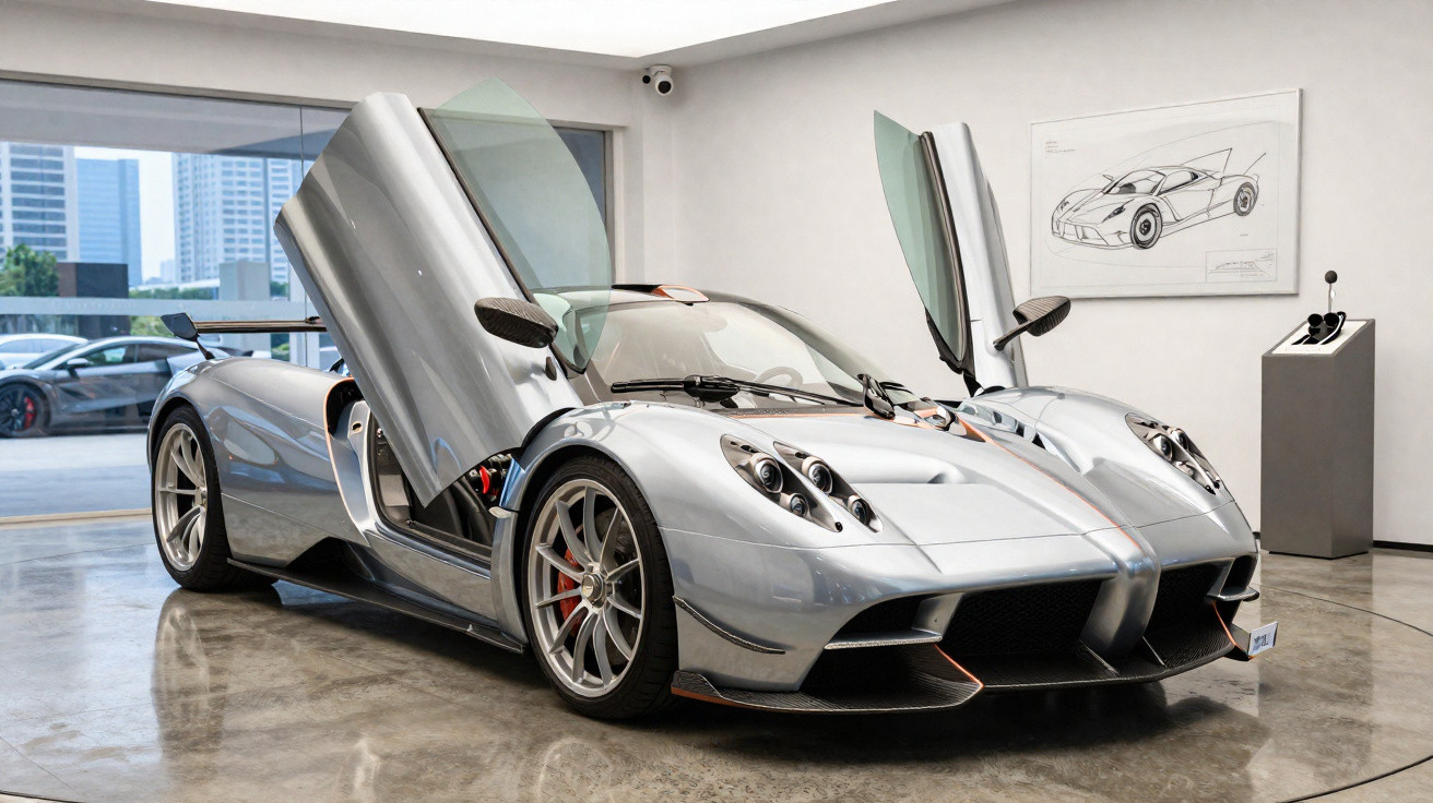 Carro esportivo prata com portas abertas para cima em exposição dentro de showroom moderno.