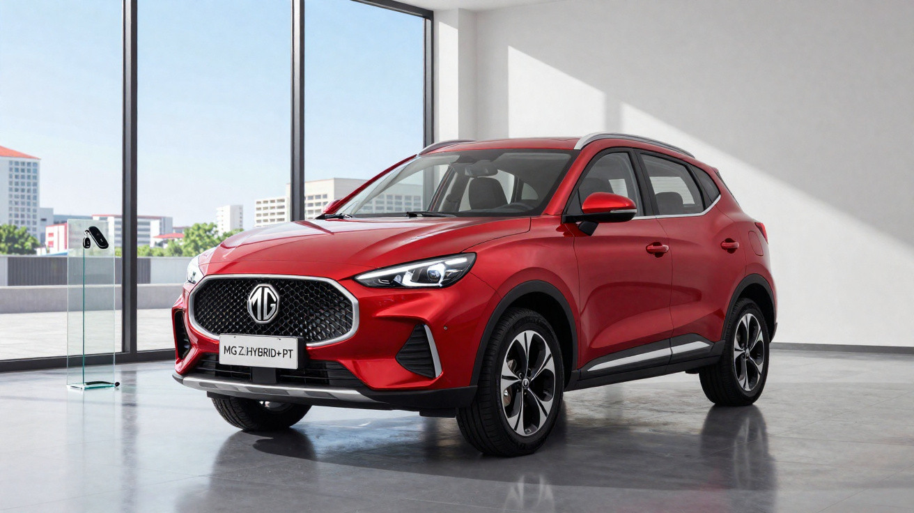 Carro SUV vermelho MG Z Hybrid+ PT estacionado em ambiente moderno com janelas grandes.