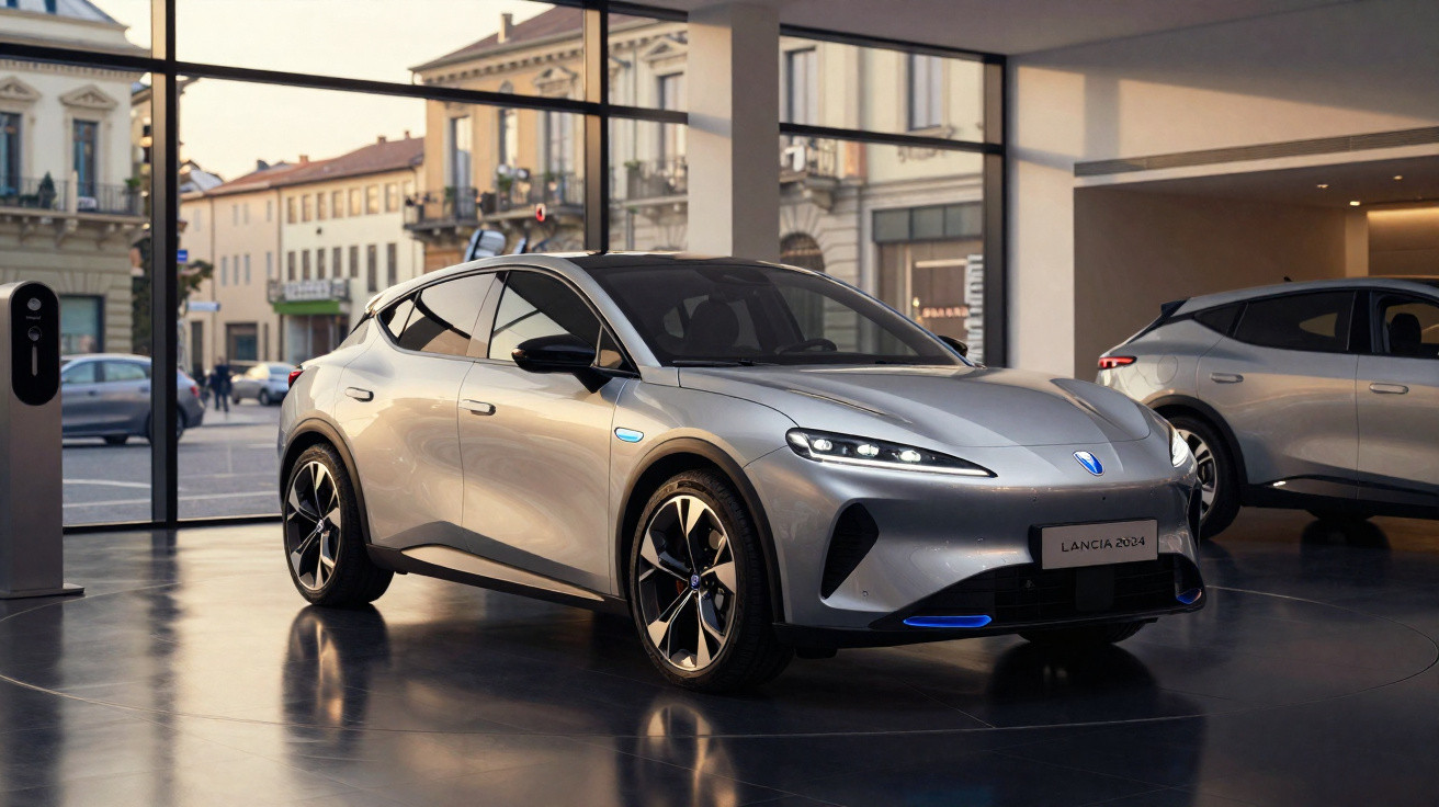 Carro elétrico cinza prata Lancia 2034 exposto em showroom moderno com janelas grandes.