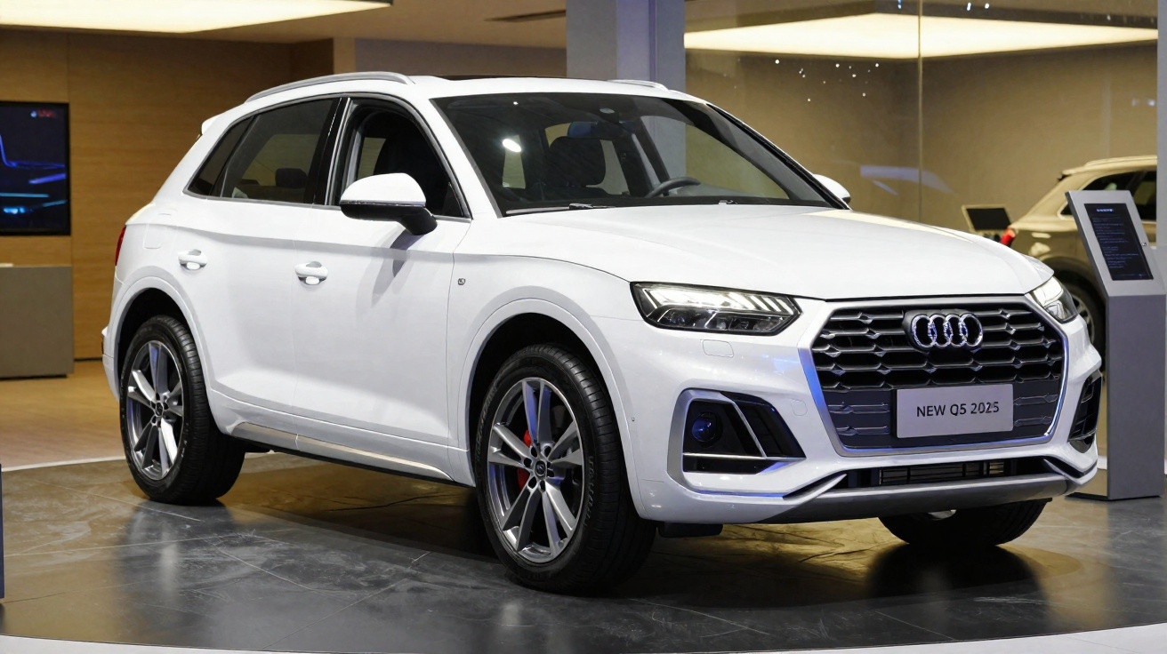 SUV Audi branco em exposição, modelo Q5 2025 visto de frente e lado esquerdo.