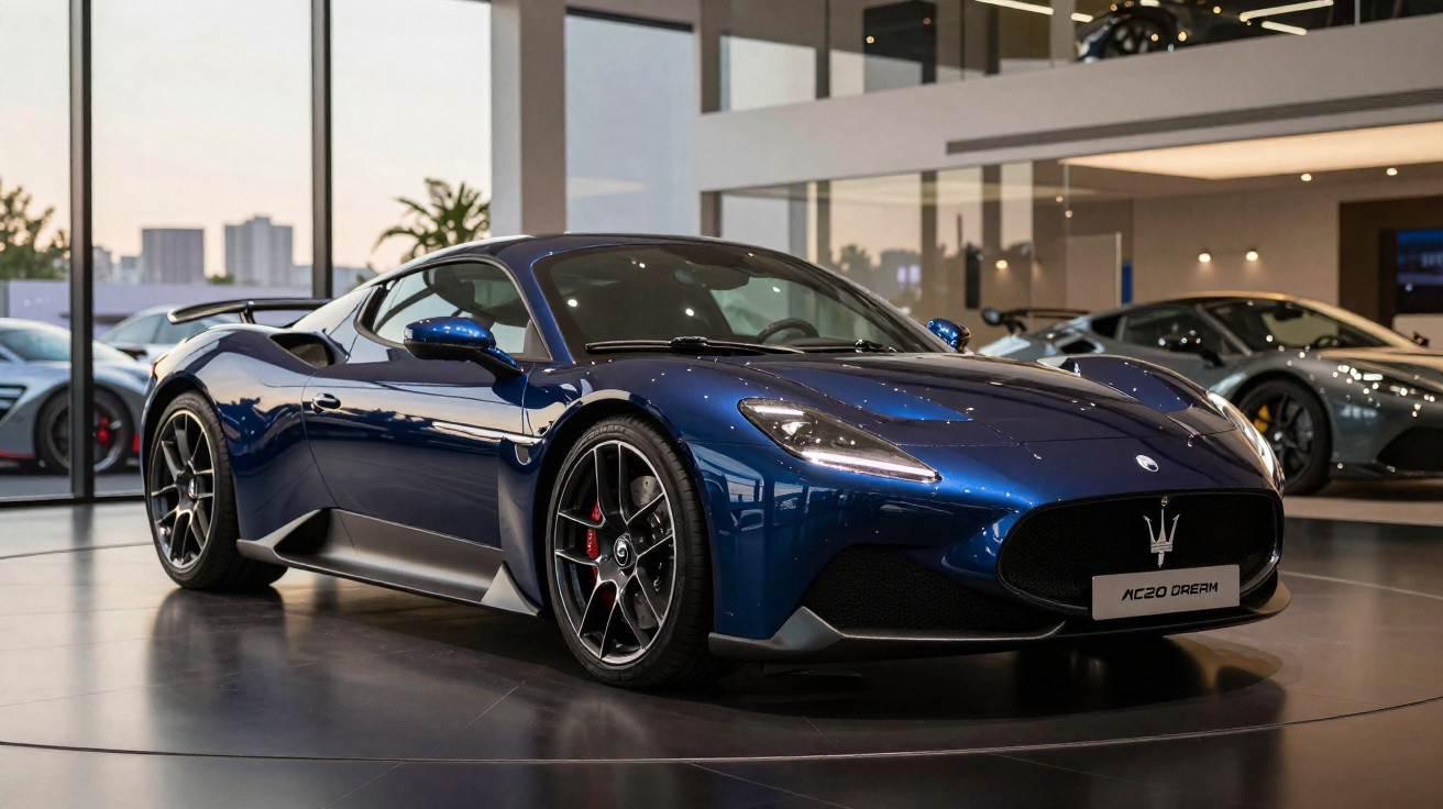 Carro esportivo azul escuro em exposição dentro de showroom moderno com grandes janelas.