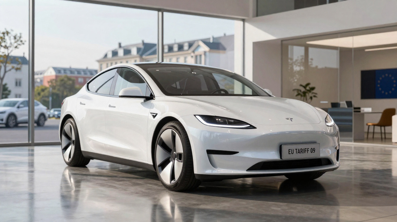 Carro elétrico branco Tesla Model S estacionado em ambiente interno moderno com piso refletivo.