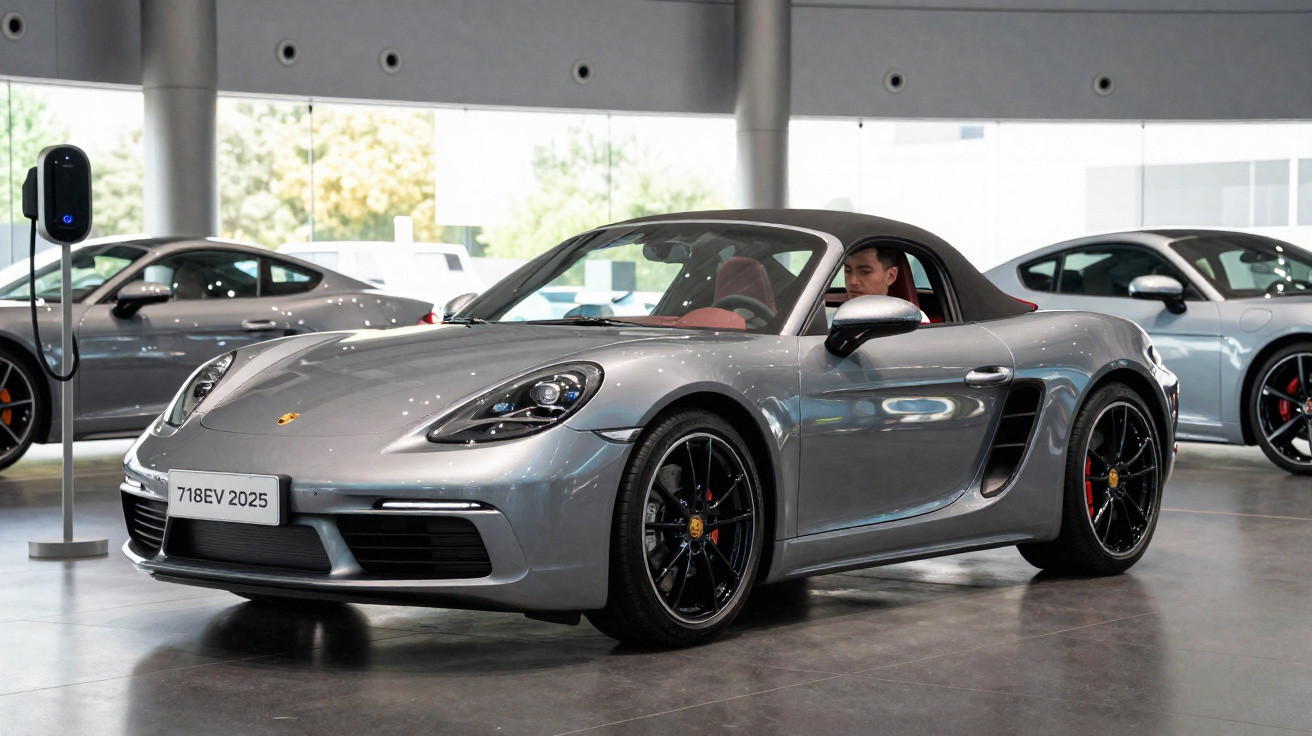 Carro esportivo prata Porsche 718 EV 2025 conversível em showroom com teto preto e motorista.