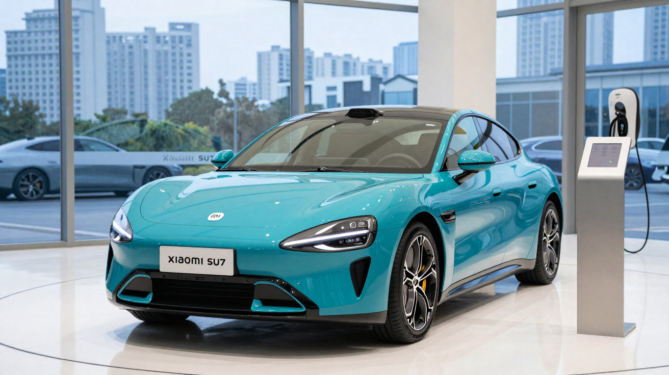 Carro elétrico azul Xiaomi SU7 exibido em showroom com estação de recarga ao lado.